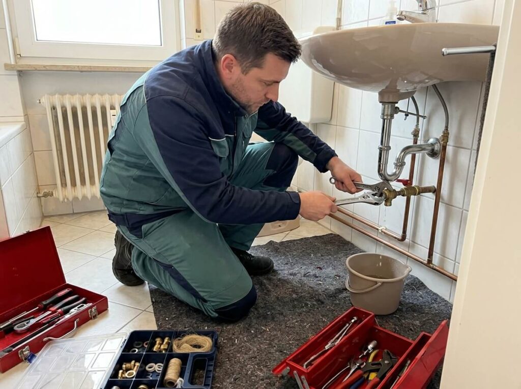 Sanitärinstallateur von Kunz Klempner arbeitet an einer Heizungsleitung