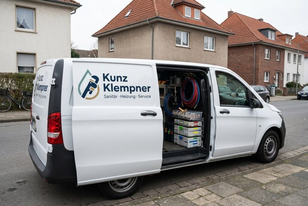 Servicefahrzeug von Kunz Klempner vor einem Wohngebäude