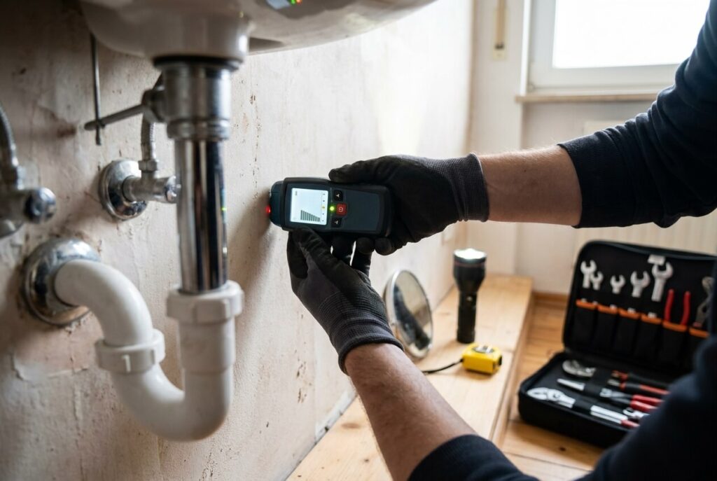 Sanitärinstallateur misst Feuchtigkeit und prüft eine Wasserleitung